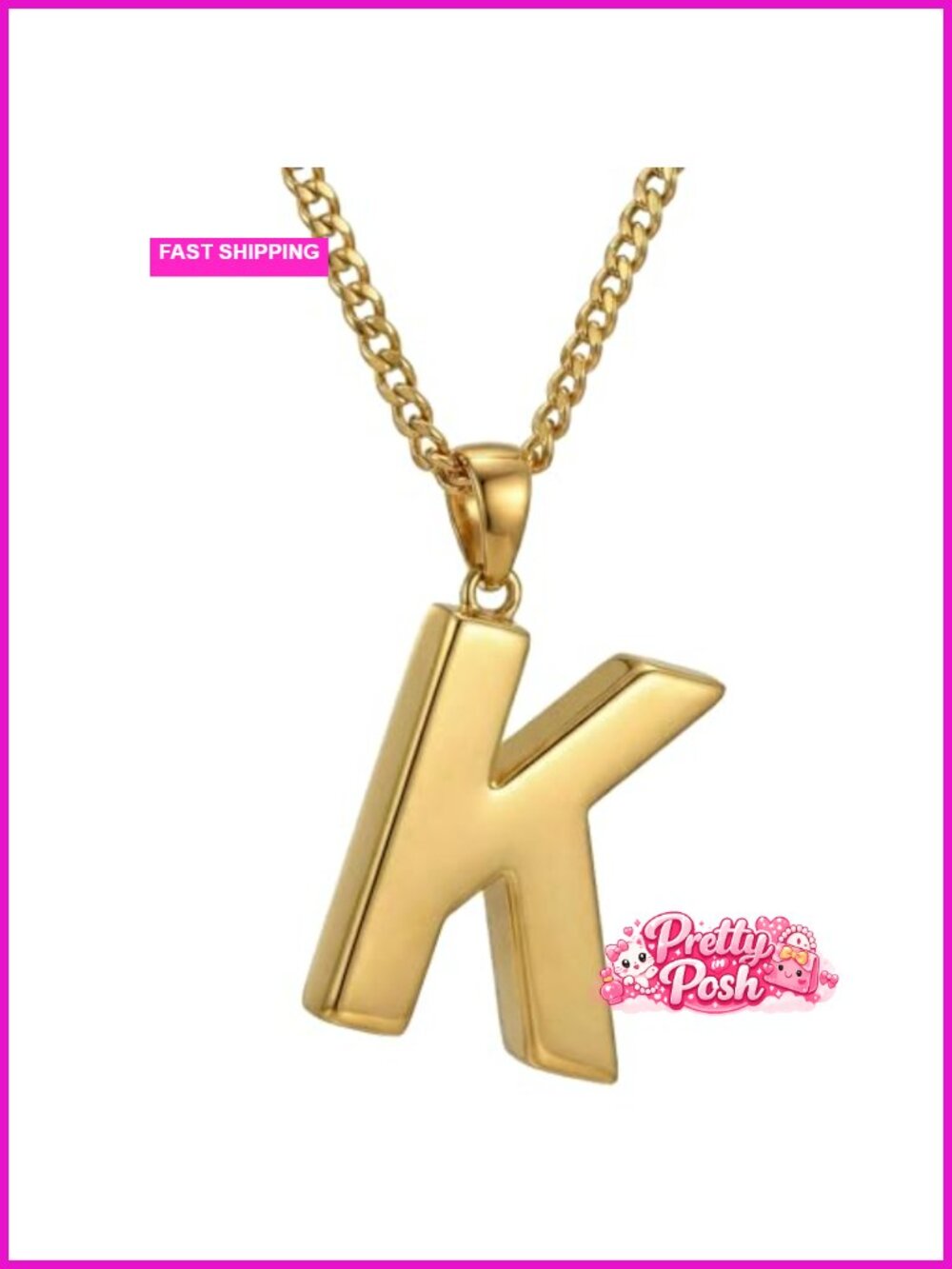 18K Gold Initial Letter Pendant Necklace Cuban Chain for Men Women